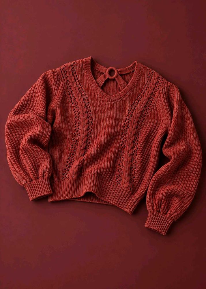 BURGUNDY RED CABLE KNIT V-NECK SWEATER