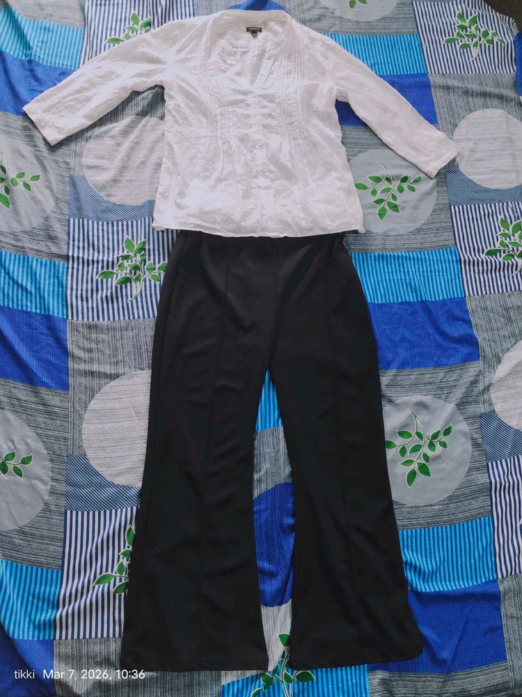 Chic White Embroidered shirt &amp; Black Pants Set