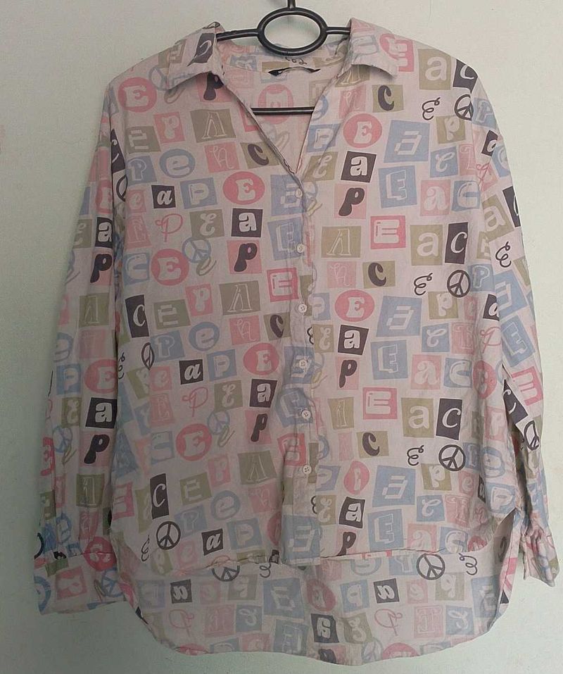 Whimsical Letter Print Button-Up Shirt