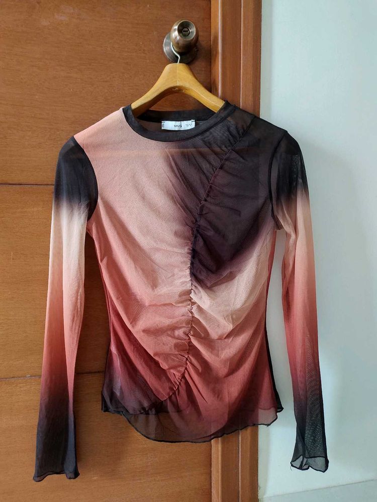 Sheer Ruched Ombre Long Sleeve Top 🤎