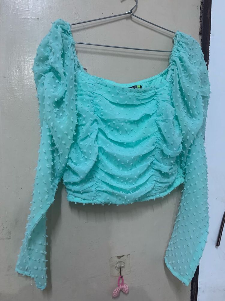 Aqua Ruched Swiss Dot Crop Top