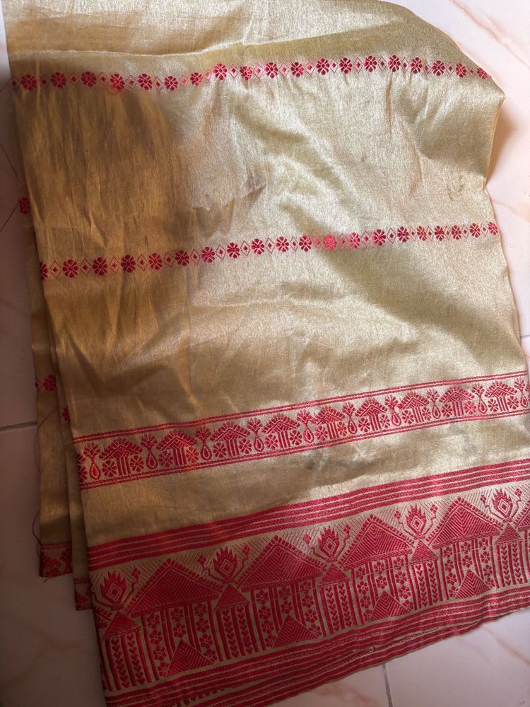 Elegant Gold mekhela sadhor combo with Red Embroid