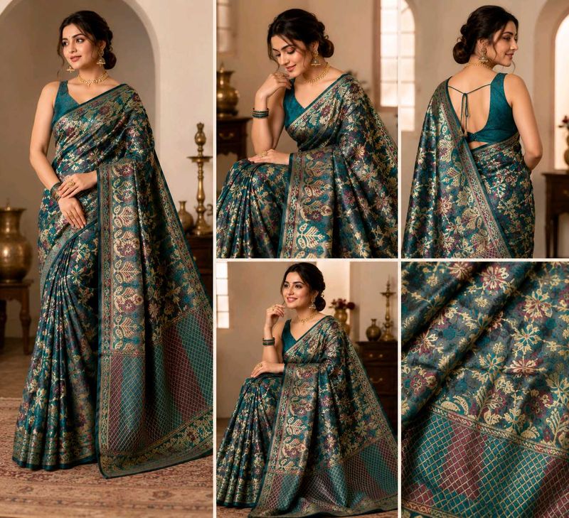 Elegant Teal Floral Brocade Saree