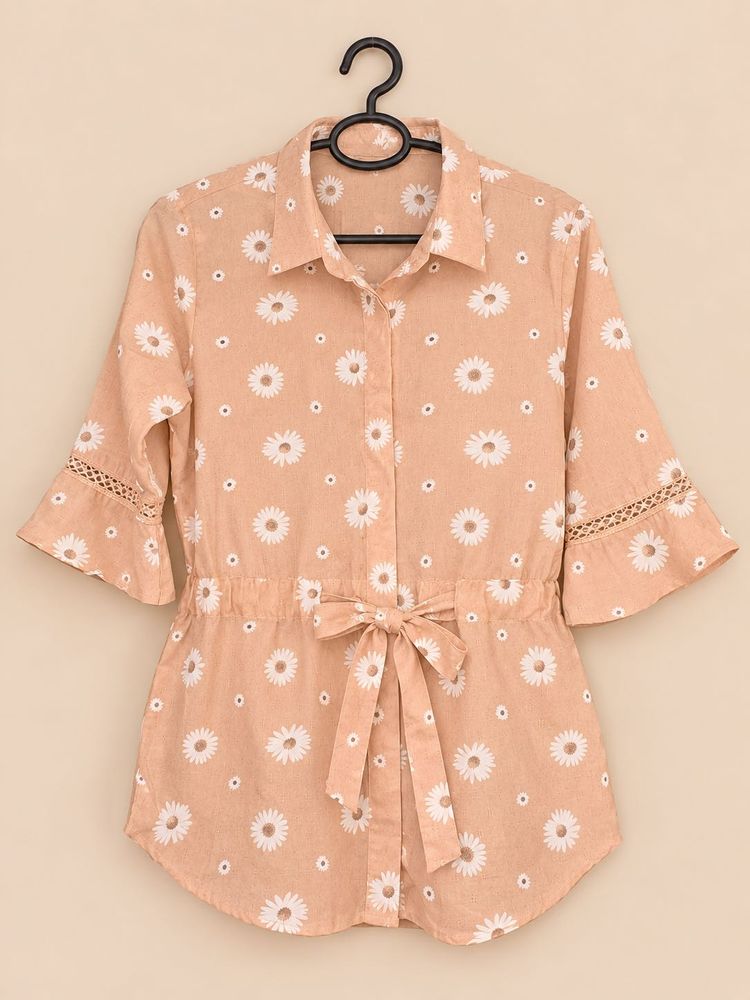 Peach Daisy Print Button-Up Top