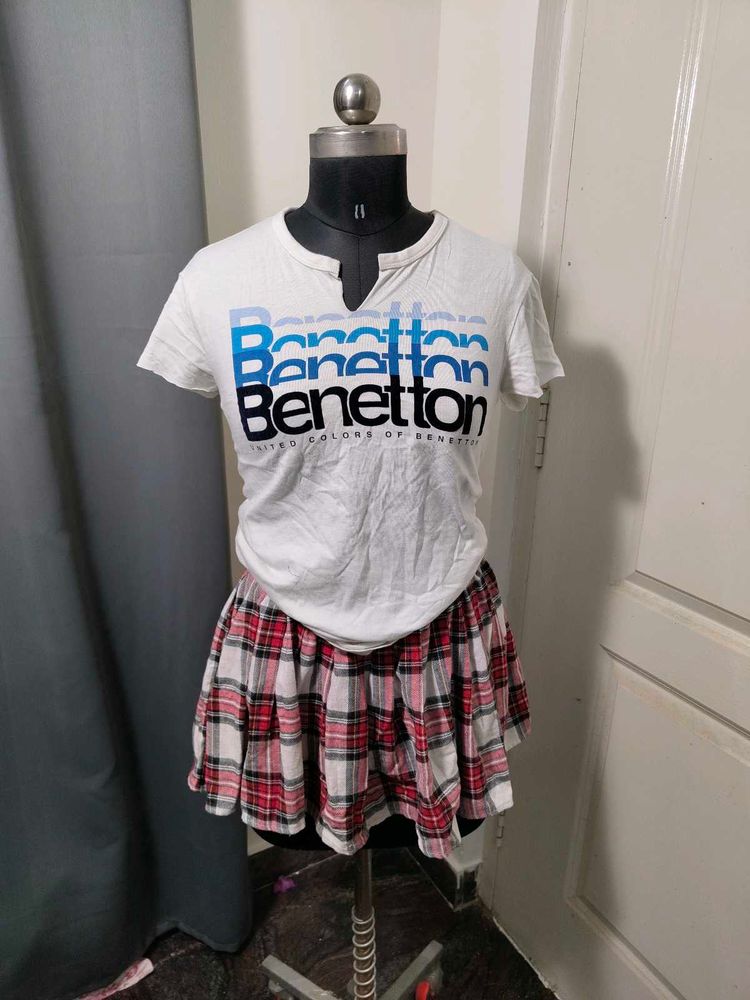 Benetton Graphic T-Shirt and Plaid Skirt Set