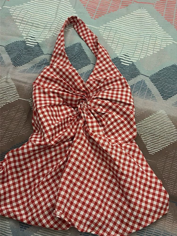 VIRAL Red Gingham Twist Front Halter Top