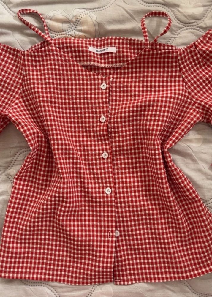 Red Gingham Cold Shoulder Top