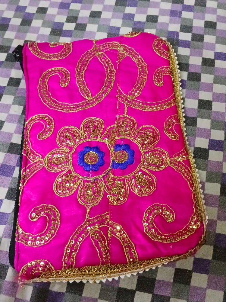 Vibrant Pink Embroidered Clutch Bag