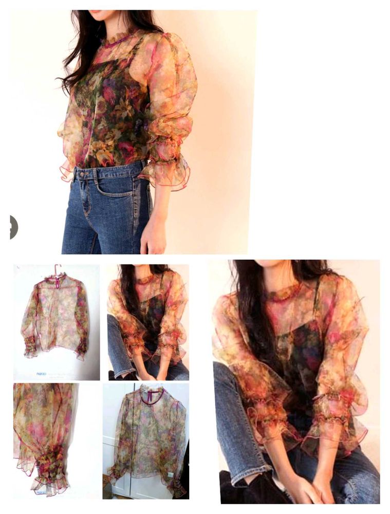 Sheer Floral Organza Puff Sleeve Blouse