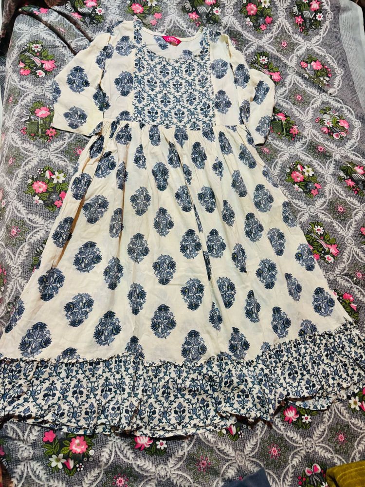 Cream &amp; Blue Floral Print Kurta