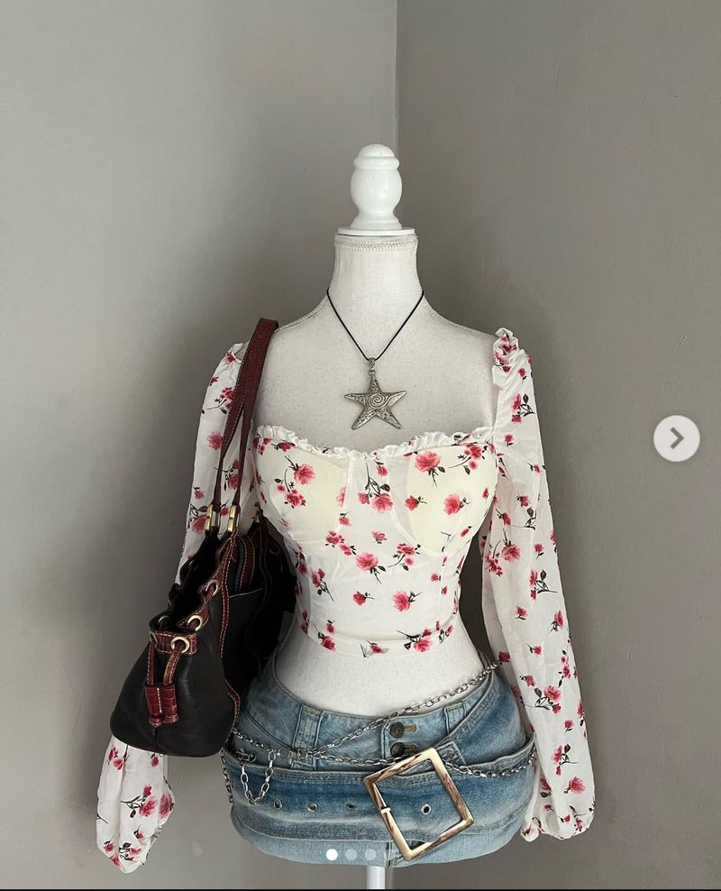 Floral Puff Sleeve Corset Top