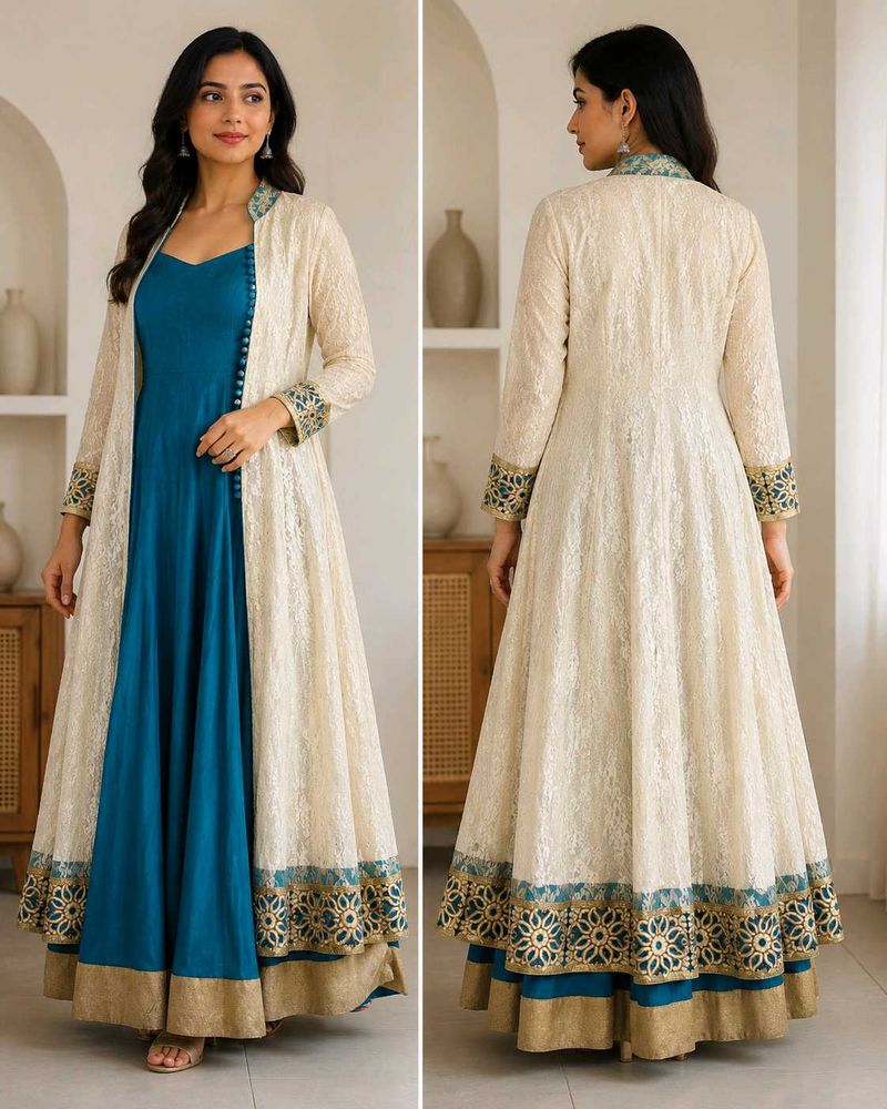 Elegant Teal &amp; Cream Ethnic Kurta Set