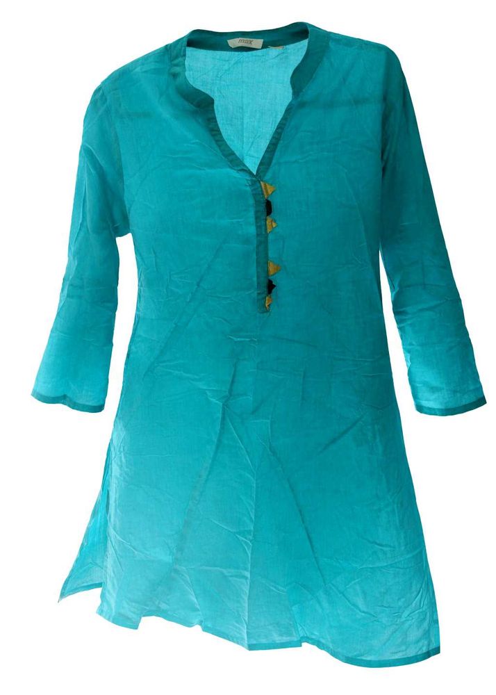 Max Women Cyan Cotton A-line Kurti | 3/4 Sleeve |