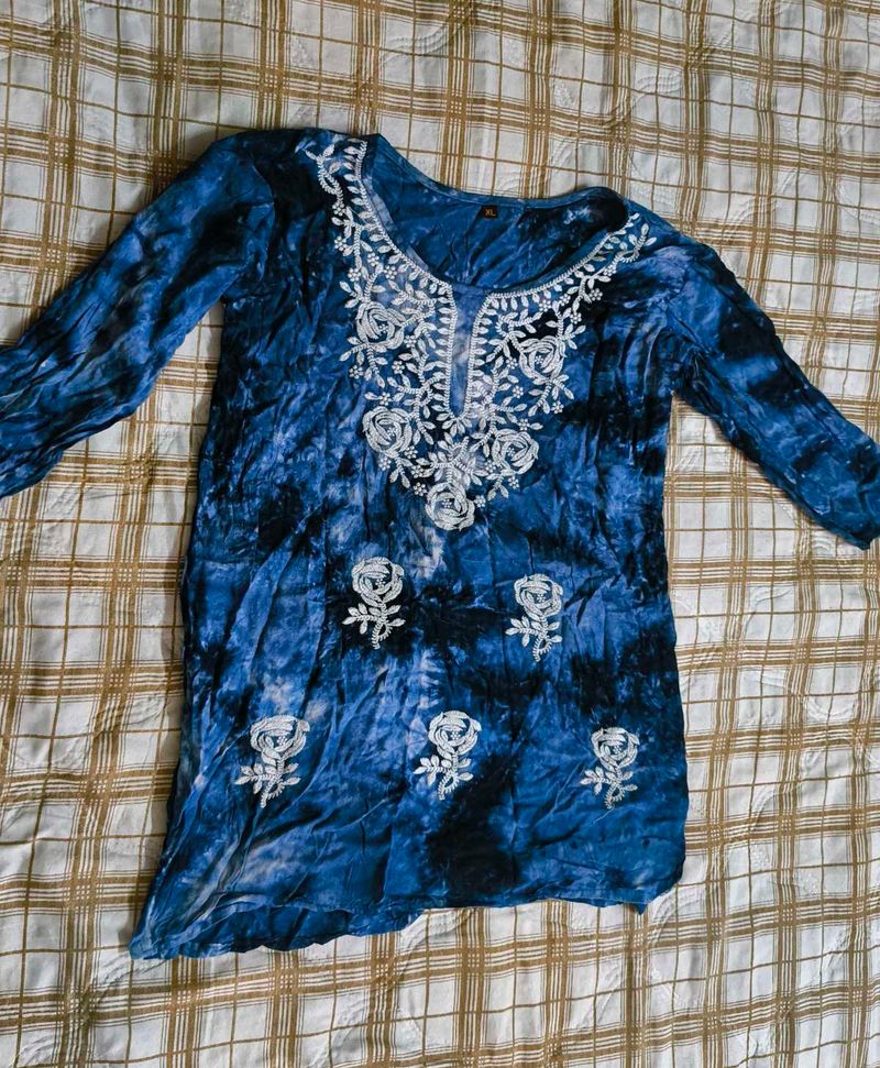 Blue Tie-Dye Kurta with White Embroidery