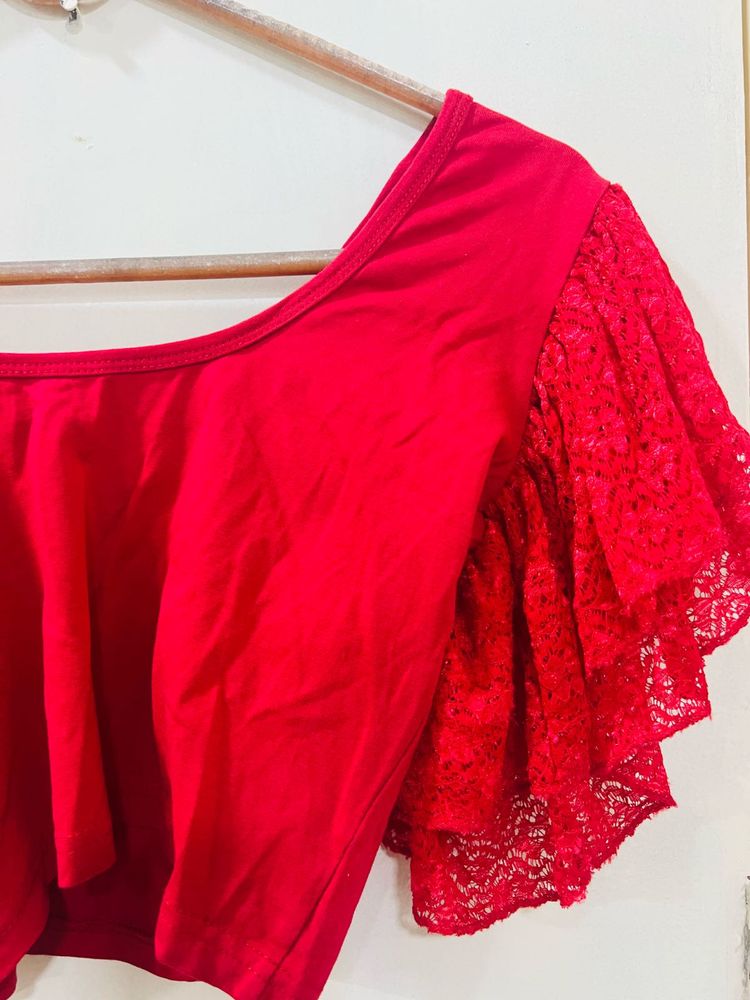 Red Lace Sleeve Blouse