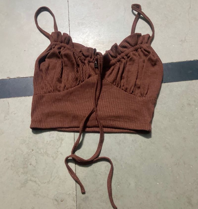 Brown Ribbed Cropped Top with Tie Detail