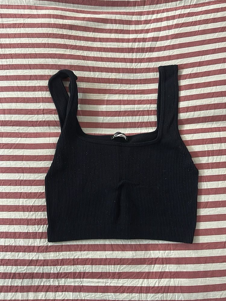 Black Ribbed Square Neck Crop Top