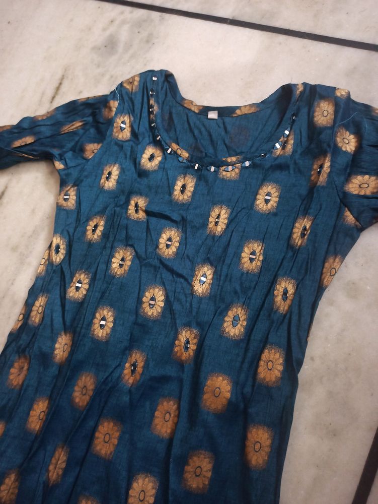 Blue Mirror Work Medium Size Long Kurti, Mid Sleev