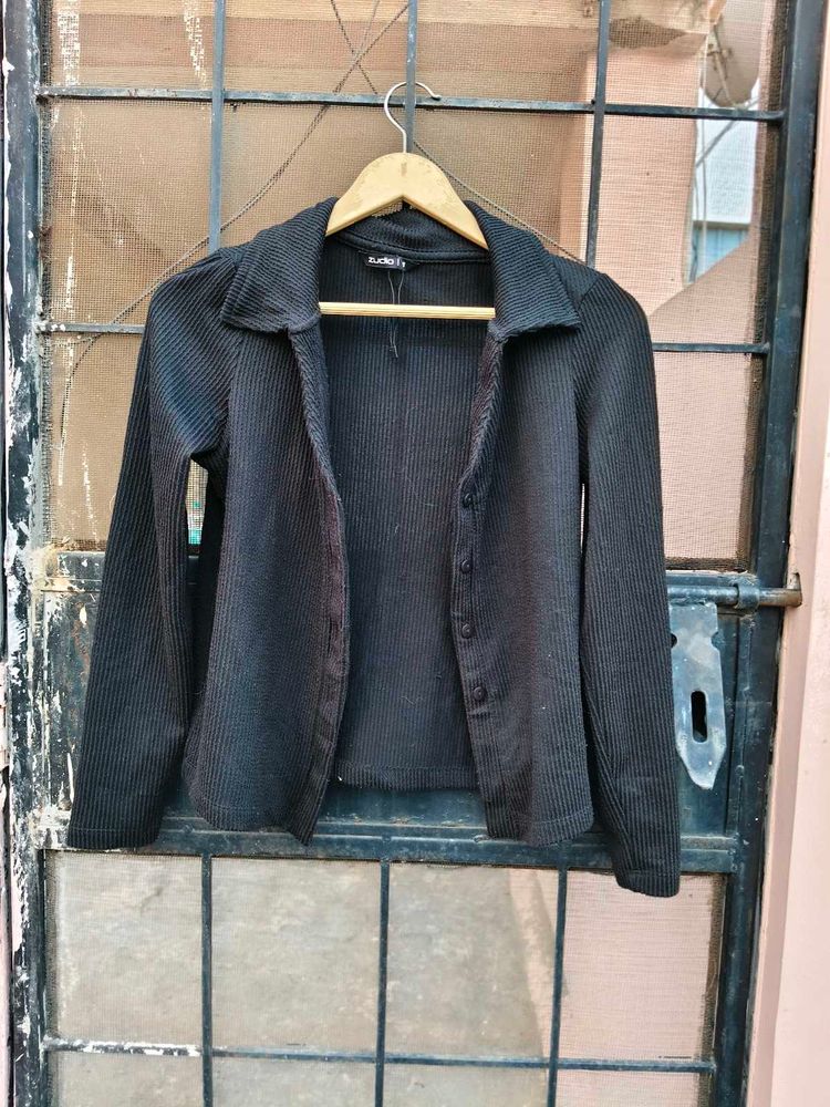Black Ribbed Button-Up Cardigan