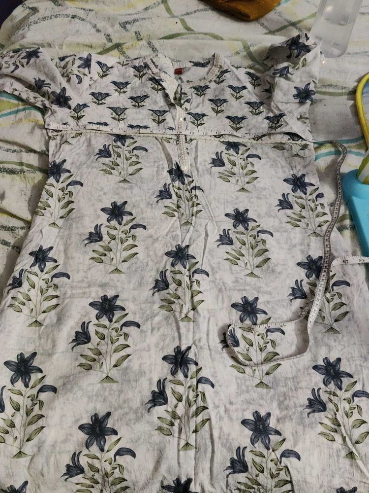 White Kurta with Blue Floral Print