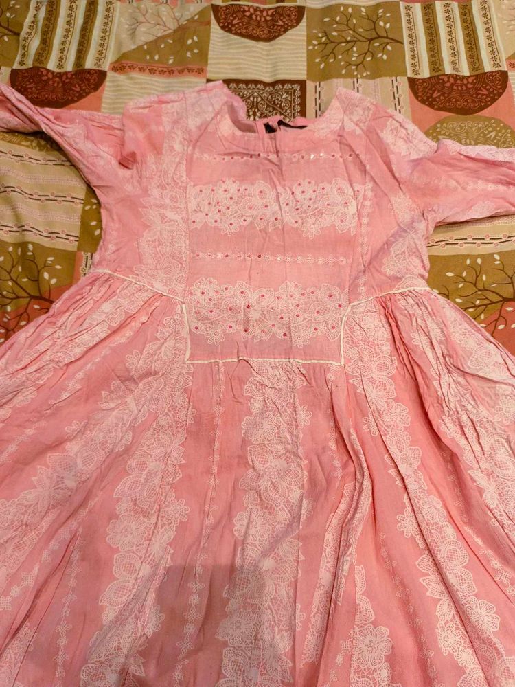Pink Cotton Kurta with White Lace Details