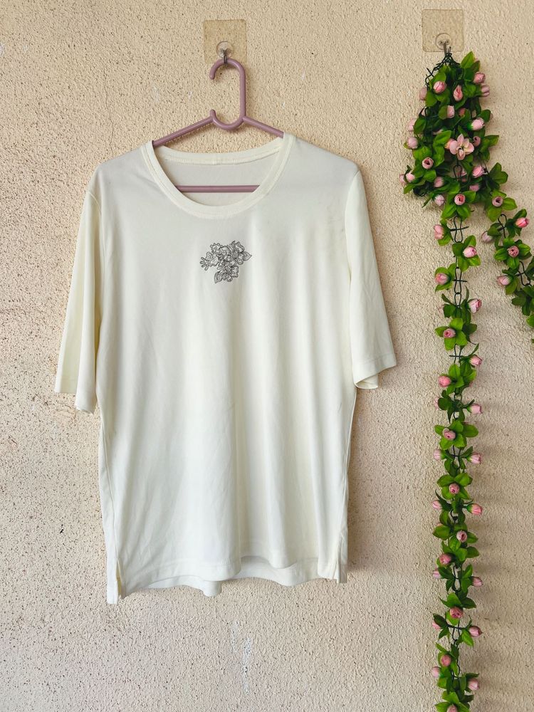 Cream T-Shirt with Floral Embroidery