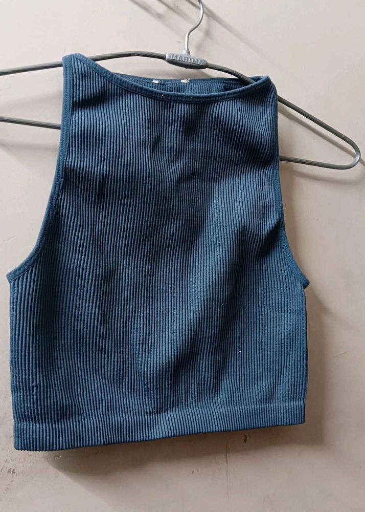 Blue Ribbed Cropped Tank Top