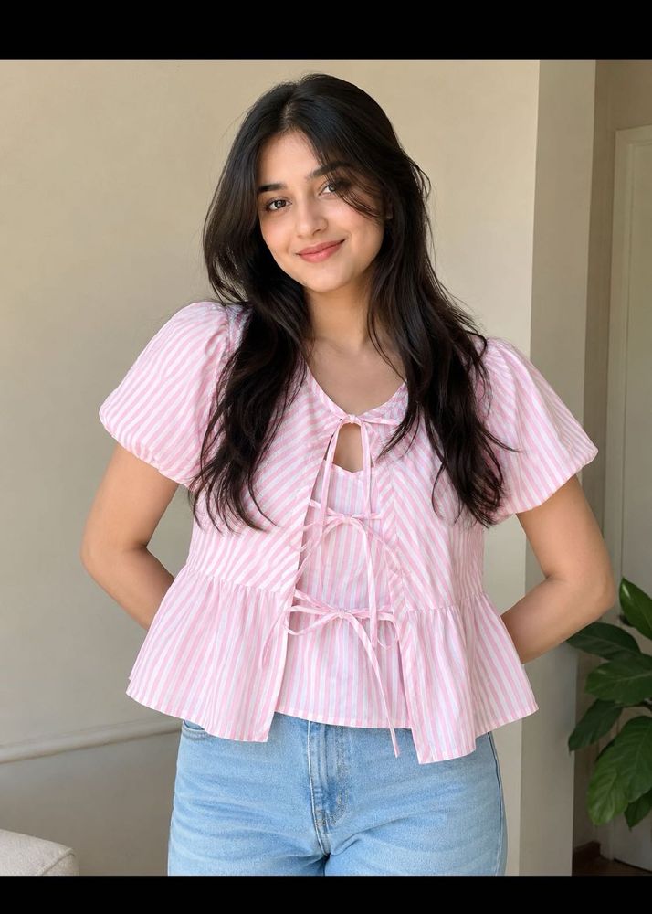 Size (M) Pink Striped Puff Sleeve Top