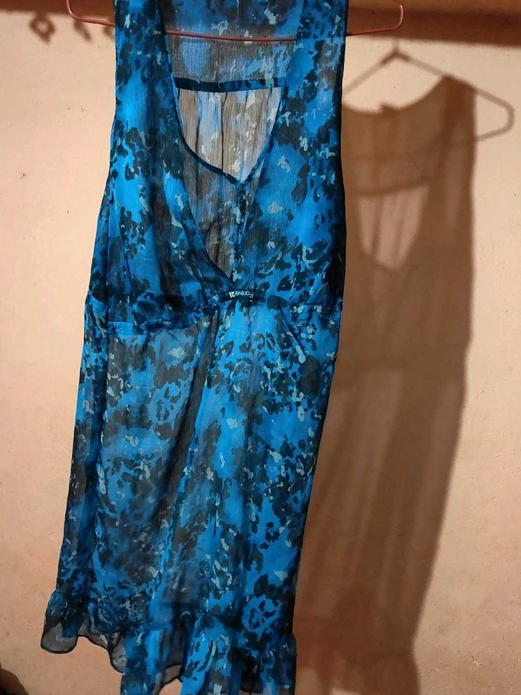 Blue Floral Print Sheer Dress