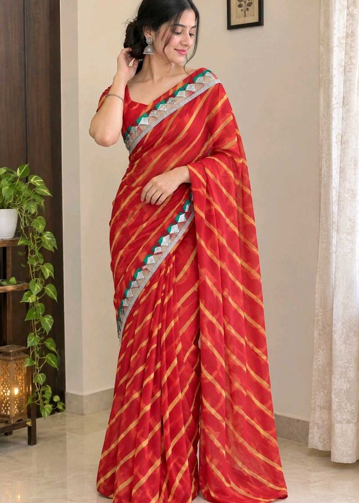 Vibrant Red Striped Saree