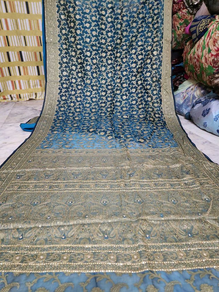 Stunning Teal Blue Embroidered Saree