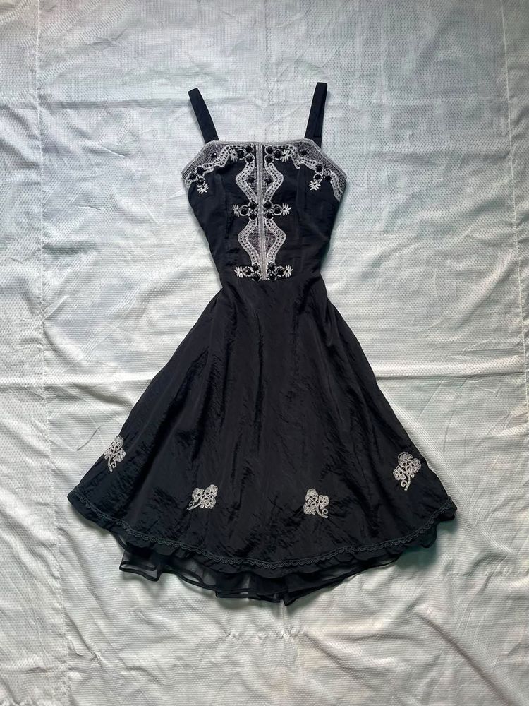 Black Embroidered Spaghetti Strap Dress