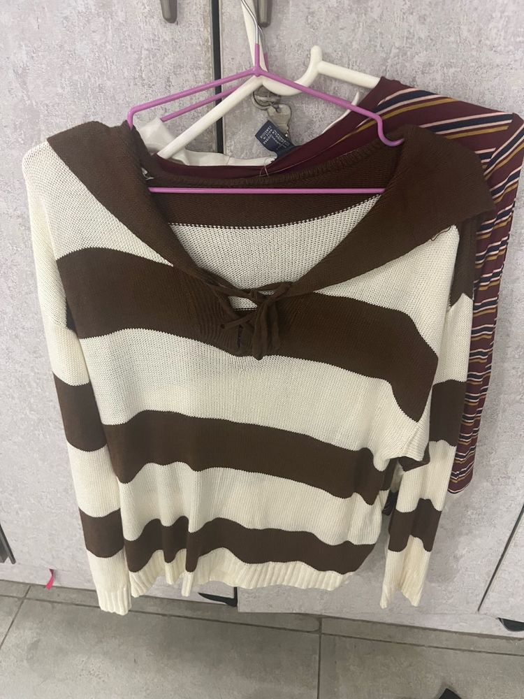 Brown &amp; Cream Striped Tie-Front Sweater