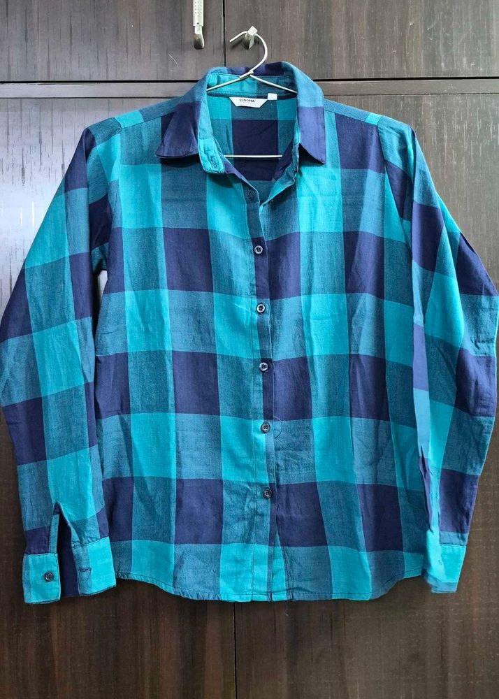Stylish Blue &amp; Teal Plaid Long Sleeve Shirt
