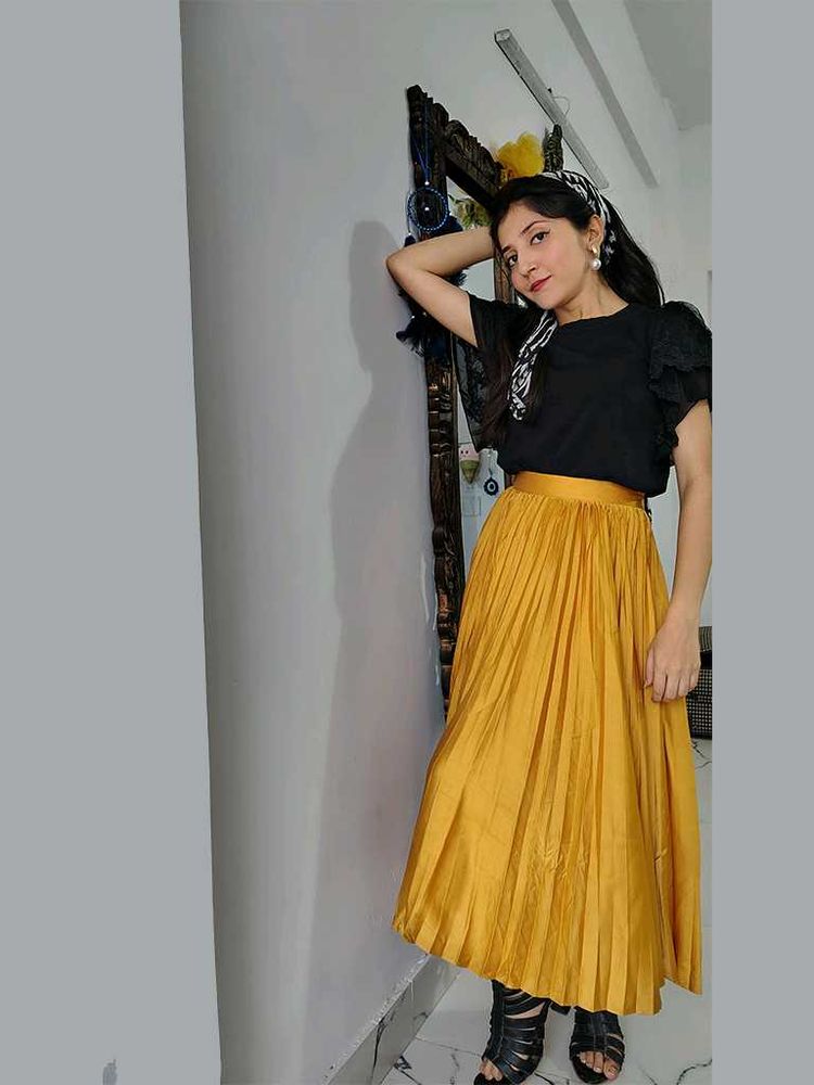 Mustard Yellow Pleated Midi Skirt