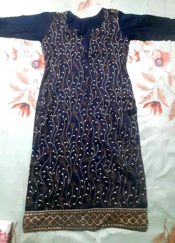 Embroidered Navy Blue Kurta