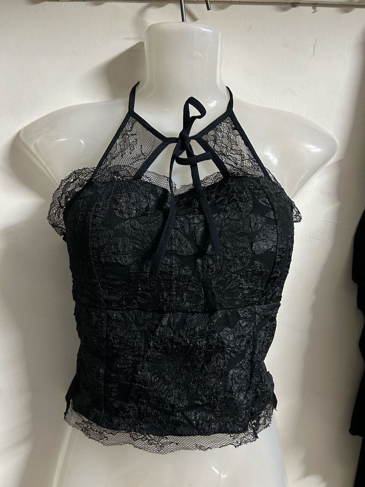 Black Lace Halter Neck Crop Top