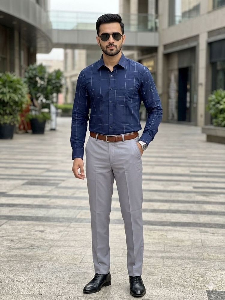 Men's Blue Checkered Shirt Pant Set