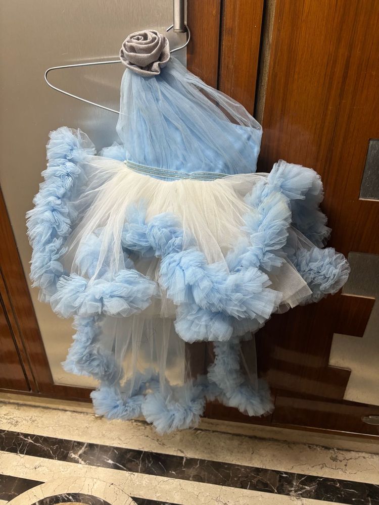 Baby Blue Ruffle Party Dress with a trail