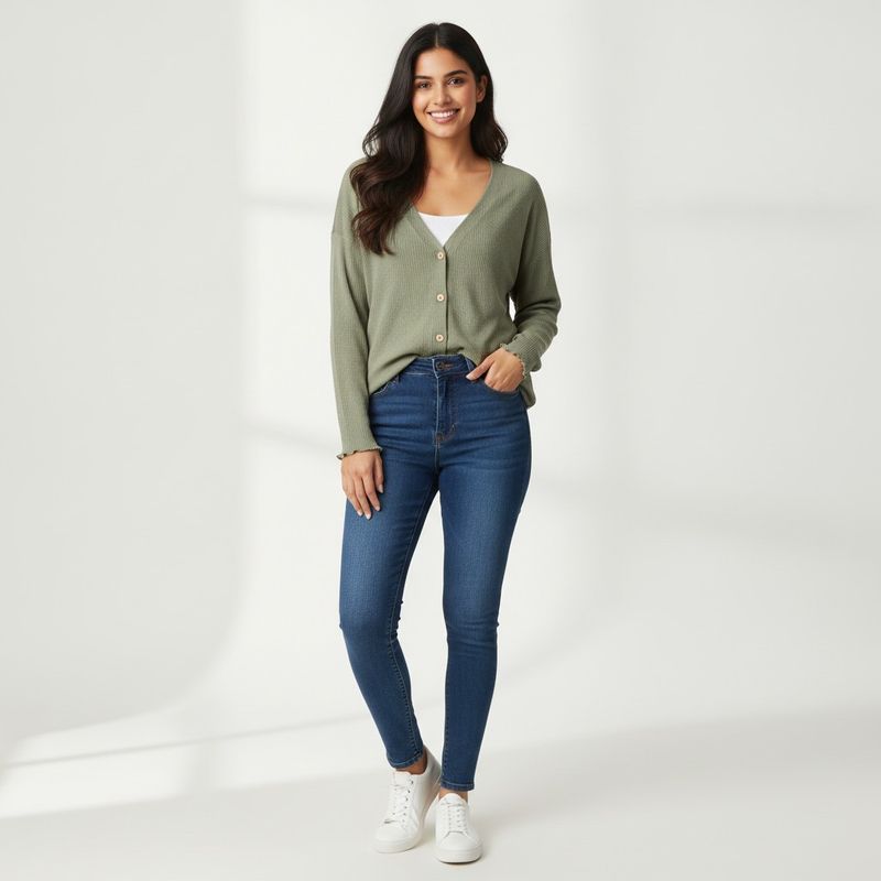Chic Green Ribbed Button-Up Cardigan