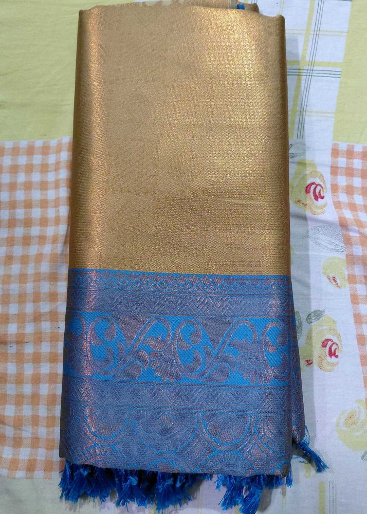 Golden Saree with Blue Border Metallic Gold