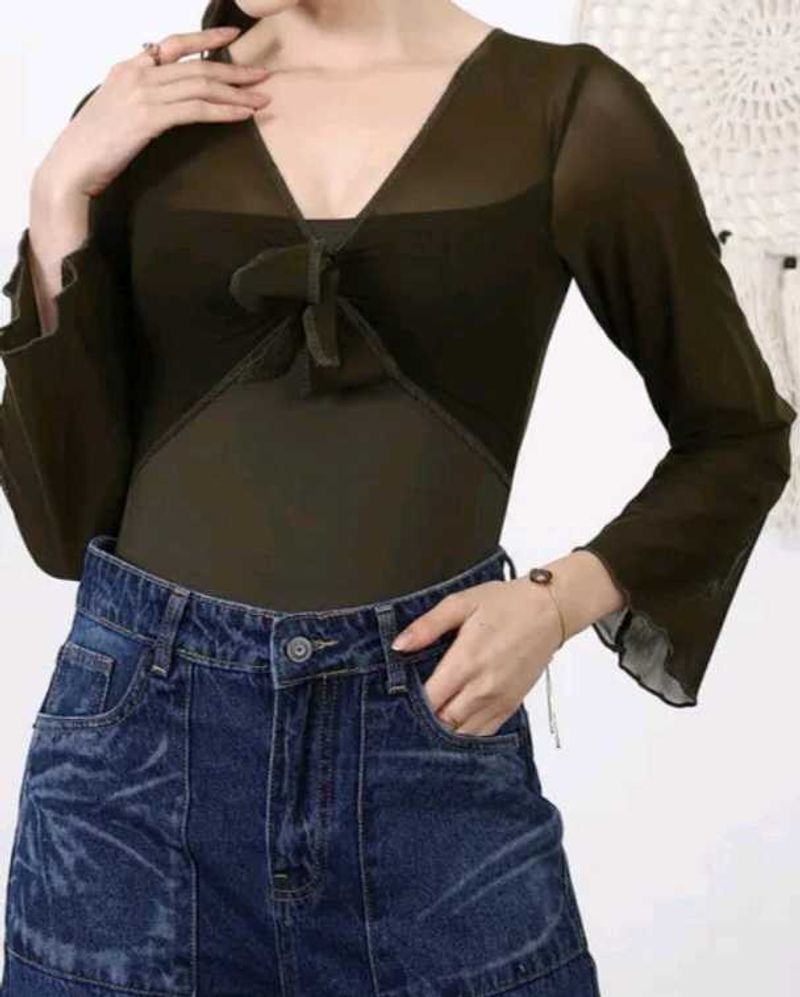 Shein Bell Sleeve Mesh Overlay Front Tie-Up Leotar