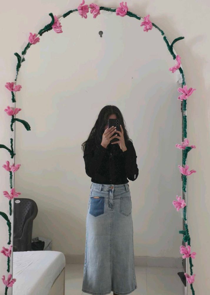 Light Wash Denim Midi Skirt