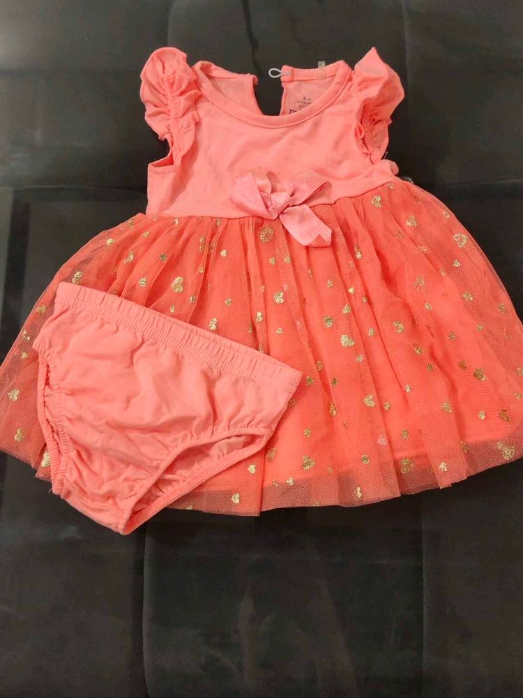Girls Coral Gold Heart Tulle Dress &amp; Bloomer Set