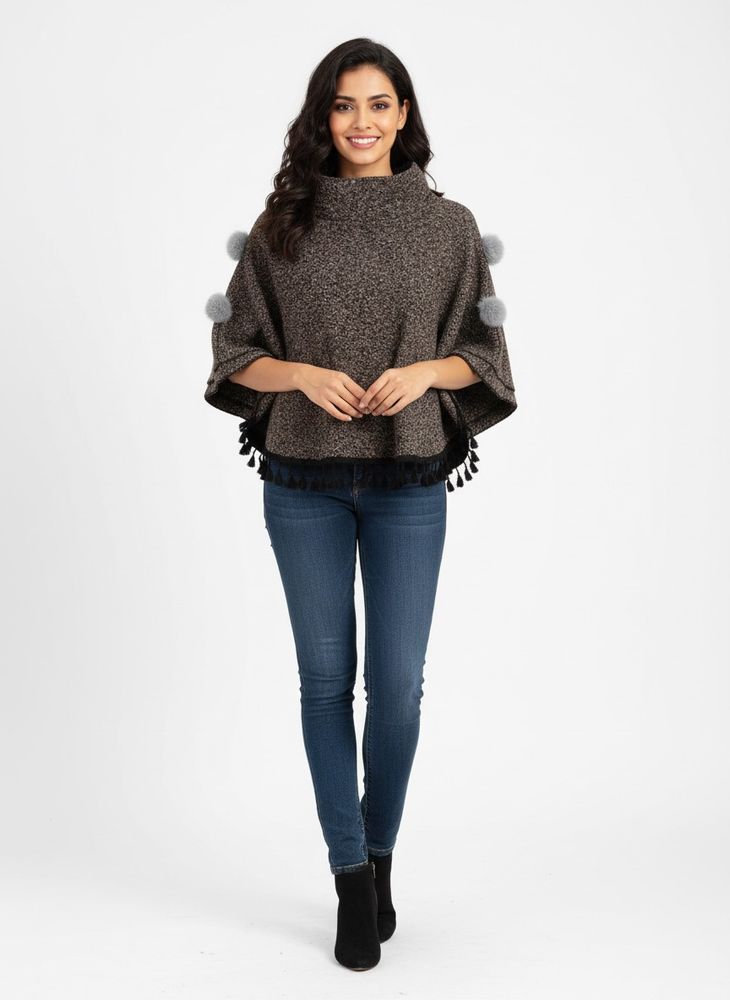 Chic Poncho with Faux Fur Poms