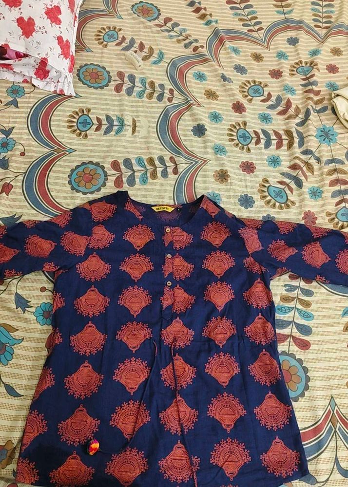 Blue Kurta with Red Motif Print