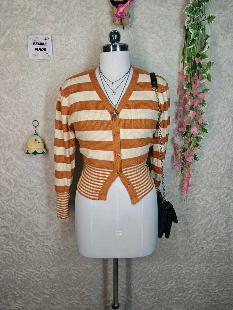 Striped V-Neck Button-Up Cardigan