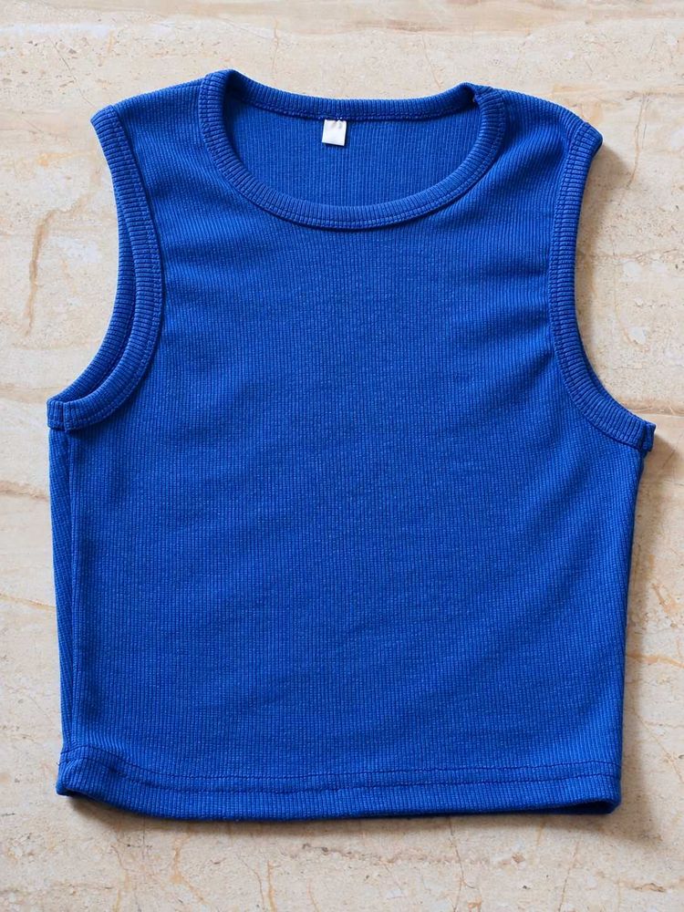 Blue Ribbed Sleeveless Tank Top