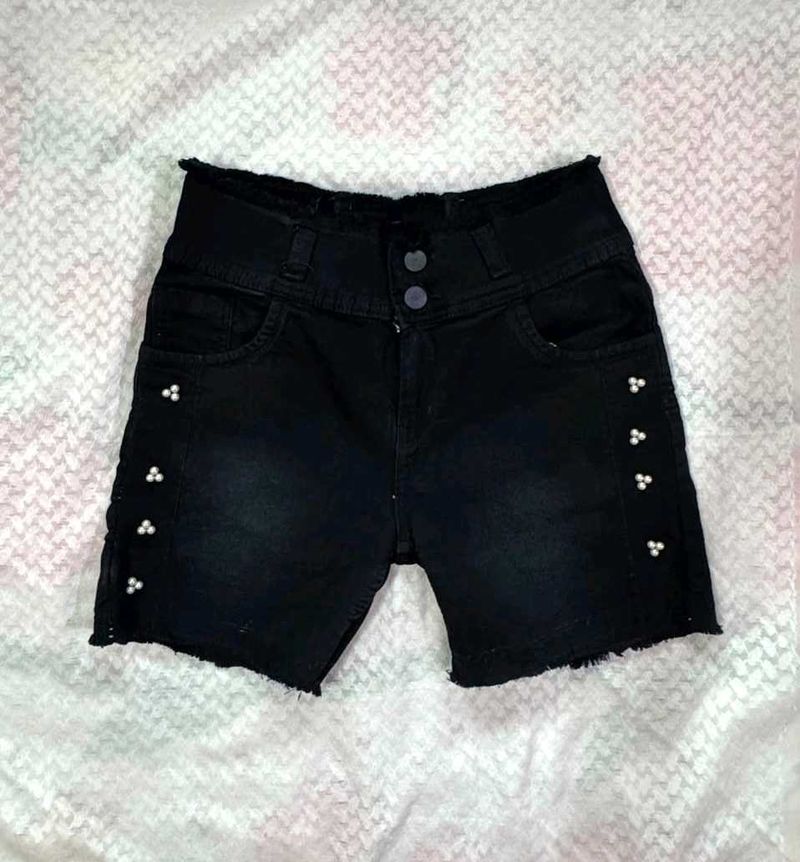 Black Pearl Embellished Denim Shorts