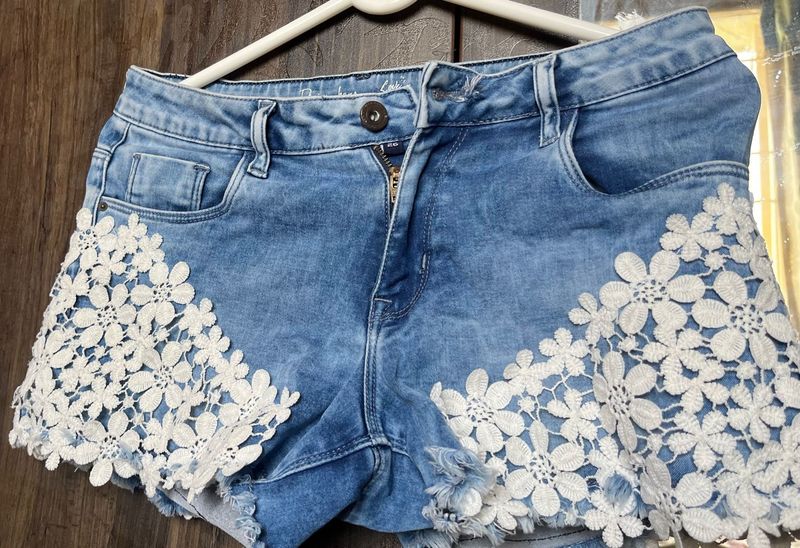 Cute Lace Trimmed Denim Shorts